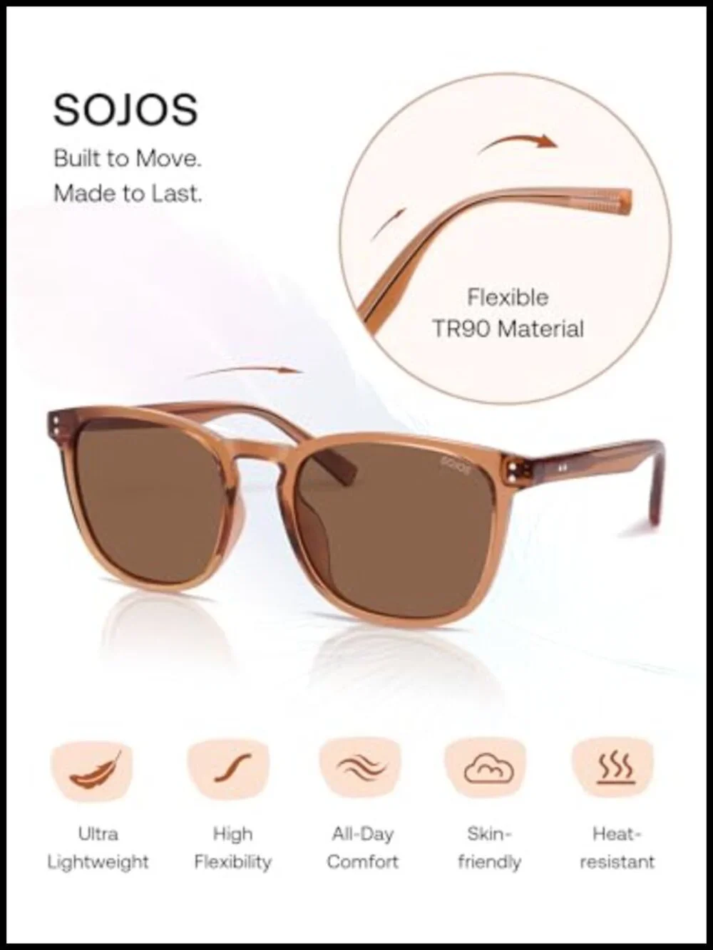 Unisex Rounded Square Polarized Sunglasses TR90 Frame UV400 Lightweight